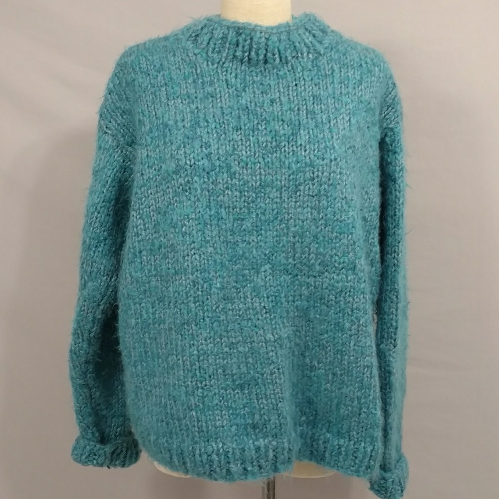 Handmade Boxy Soft Pullover Sweater Turquoise Aqua Hand Knit Thick Warm Cozy